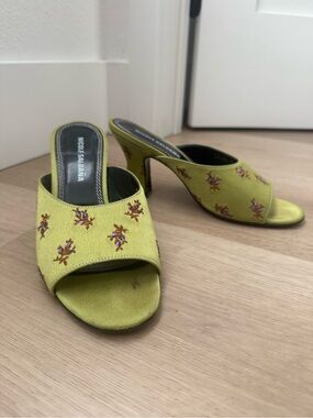 Nicole Saldana Green Embroidered Open-Toe Mules